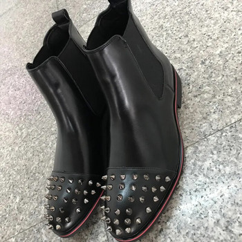Ботуши Chelsea, черни нитове, пънк с квадратни пръсти, ръчно изработени мъжки ботуши на нисък ток, безплатна доставка, бизнес мъжки обувки