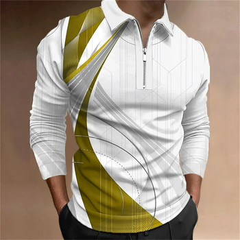 Geometry Line Бизнес мъжки 3D принт голф поло ежедневни ежедневни улични полиестерни поло ризи с дълги ръкави с цип L