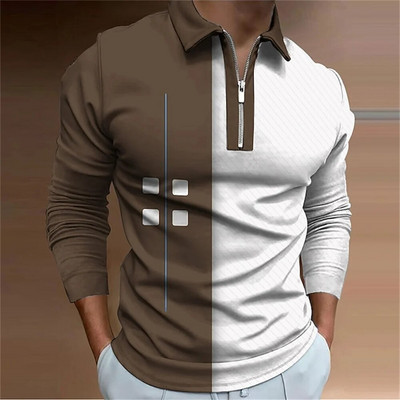 Geometry Line Biznesa vīriešu 3D drukas golfa polo āra ikdienas ikdienas ielu apģērbi poliestera garajām piedurknēm, noliek rāvējslēdzēju, polo krekli L