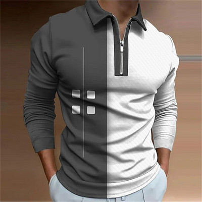 Geometry Line Biznesa vīriešu 3D drukas golfa polo āra ikdienas ikdienas ielu apģērbi poliestera garajām piedurknēm, noliek rāvējslēdzēju, polo krekli L