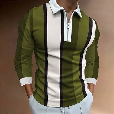 Geometry Line Biznesa vīriešu 3D drukas golfa polo āra ikdienas ikdienas ielu apģērbi poliestera garajām piedurknēm, noliek rāvējslēdzēju, polo krekli L