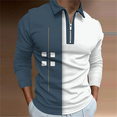 Geometry Line Biznesa vīriešu 3D drukas golfa polo āra ikdienas ikdienas ielu apģērbi poliestera garajām piedurknēm, noliek rāvējslēdzēju, polo krekli L