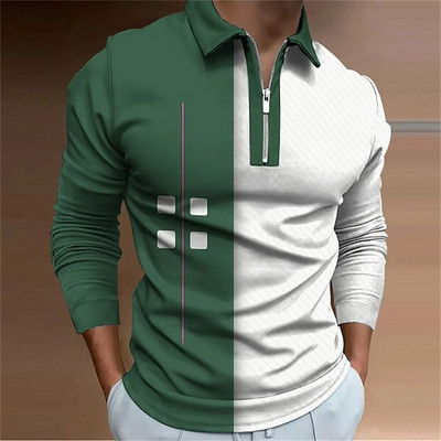 Geometry Line Biznesa vīriešu 3D drukas golfa polo āra ikdienas ikdienas ielu apģērbi poliestera garajām piedurknēm, noliek rāvējslēdzēju, polo krekli L