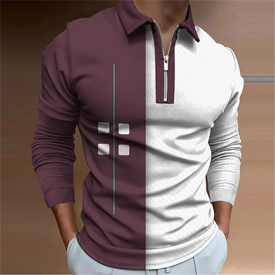 Geometry Line Biznesa vīriešu 3D drukas golfa polo āra ikdienas ikdienas ielu apģērbi poliestera garajām piedurknēm, noliek rāvējslēdzēju, polo krekli L
