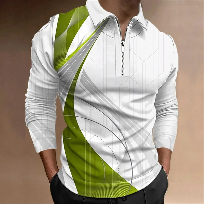 Geometry Line Business 3D Print Golf Polo Outdoor Casual καθημερινά streetwear πολυεστερικά μακρυμάνικα μπλουζάκια πόλο με φερμουάρ L