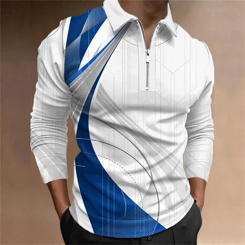 Geometry Line Business 3D Print Golf Polo Outdoor Casual καθημερινά streetwear πολυεστερικά μακρυμάνικα μπλουζάκια πόλο με φερμουάρ L