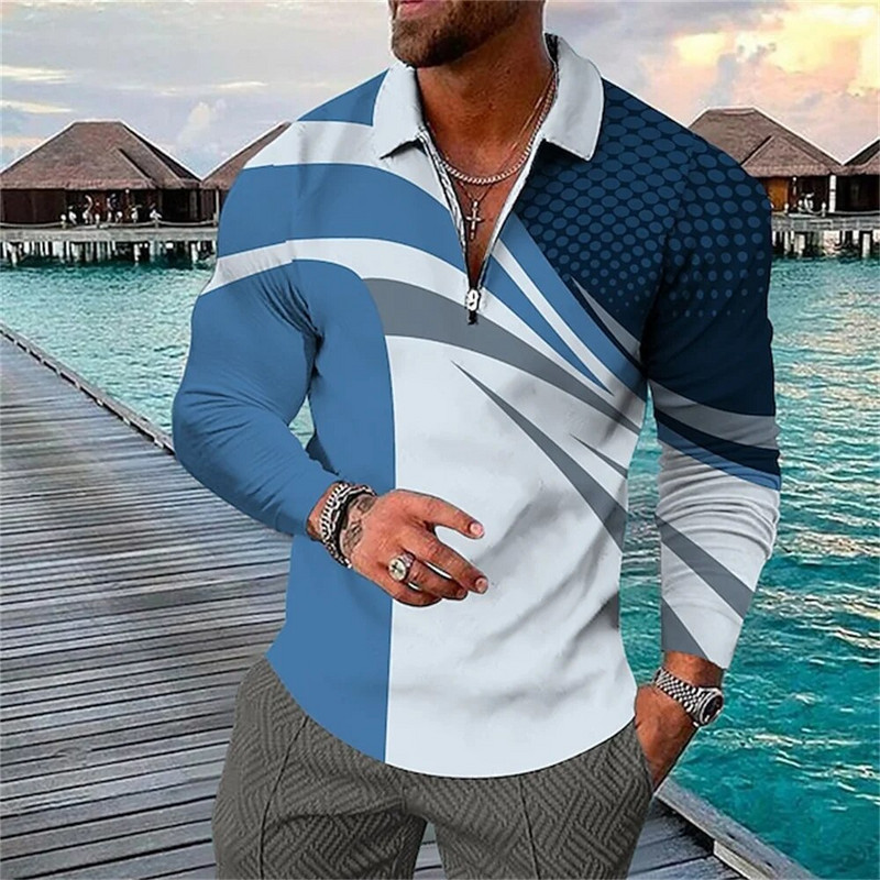 Geometry Line Business 3D Print Golf Polo Outdoor Casual καθημερινά streetwear πολυεστερικά μακρυμάνικα μπλουζάκια πόλο με φερμουάρ L
