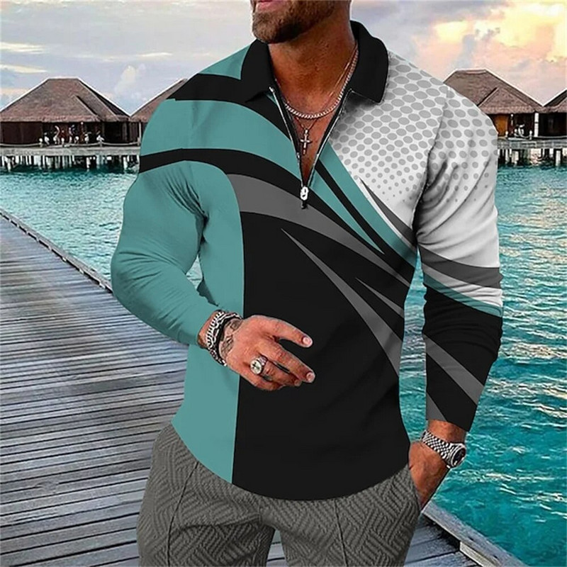 Geometry Line Business 3D Print Golf Polo Outdoor Casual καθημερινά streetwear πολυεστερικά μακρυμάνικα μπλουζάκια πόλο με φερμουάρ L