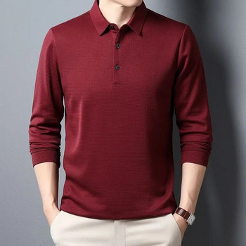 SHiONFA Мъжка плътна тениска с вафлен цвят с дълъг ръкав Еластичност Есенно облекло за свободното време Удобни ежедневни поло ризи с отложена яка 4XL