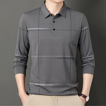 Нова корейска модна едноцветна поло риза Мъжко облекло с дълъг ръкав Ежедневно прилепнала тънка мъжка поло риза с яка с копчета Горнища