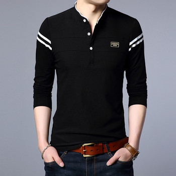 Мъжка модна лятна тениска POLO с дълги ръкави Ежедневна памучна дишаща горна част с изправено деколте и дълги ръкави Корейска удобна риза