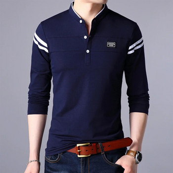Мъжка модна лятна тениска POLO с дълги ръкави Ежедневна памучна дишаща горна част с изправено деколте и дълги ръкави Корейска удобна риза