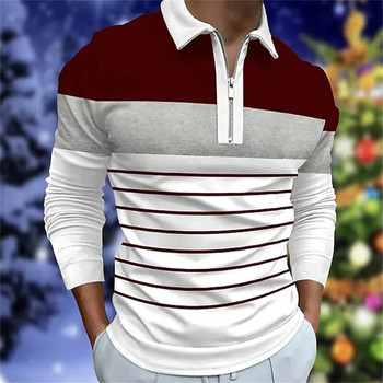 Мъжка модна поло риза с цип с дълъг ръкав, мъжка ежедневна спортна поло риза с ревери.