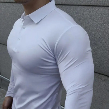 Корейска есенна ежедневна фитнес поло тениска Мъжки плътни копчета Тънки еластични универсални спортни дишащи бързосъхнещи горнища с дълги ръкави