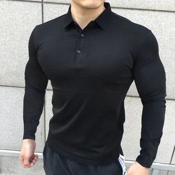 Корейска есенна ежедневна фитнес поло тениска Мъжки плътни копчета Тънки еластични универсални спортни дишащи бързосъхнещи горнища с дълги ръкави