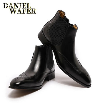 Луксозни ботуши Челси Мъжки боти до глезена от кожа Висококачествени приплъзващи се каишки с катарама Кафяви черни обувки Основни мъжки ботуши