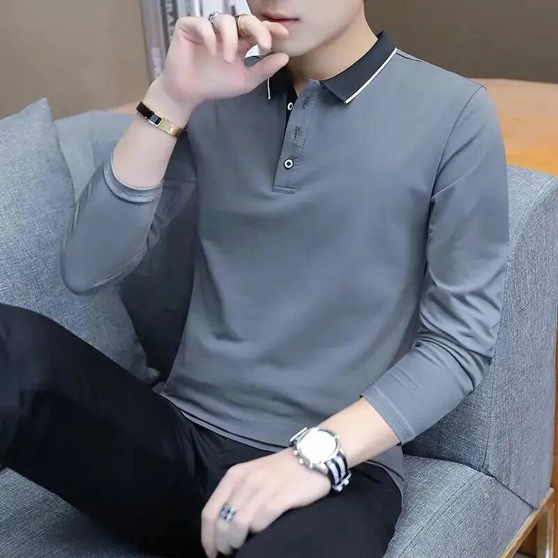 Kevadsuvi kaubamärgiga meeste särgid Polo Algne luksuslik disainer täis puuvillast pikkade varrukatega nööbiga vabaaja V-kaelusega topid