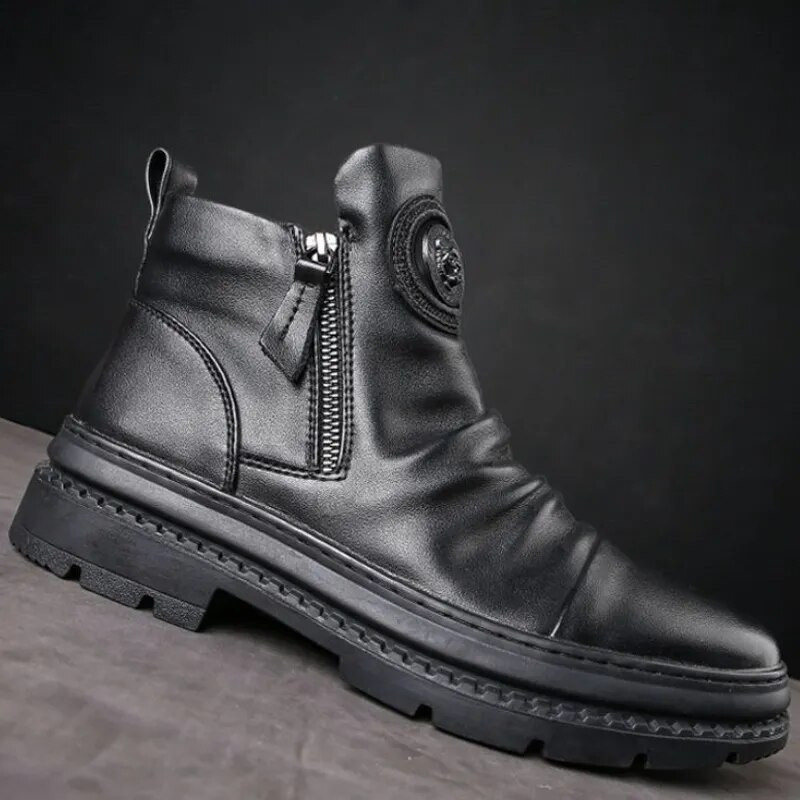 Vyriški motociklo odiniai batai britiško stiliaus apvali galva Aukšti batai šonuose su užtrauktuku vaikščioti laisvalaikio platforminiai batai Bota Masculina