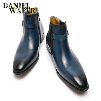 Ανδρικές μπότες από αληθινό δέρμα Κλασικές ιταλικές μπότες αστράγαλο Παπούτσια φορέματος με φερμουάρ Πόρπη για άντρες Μπλε βασικές μπότες