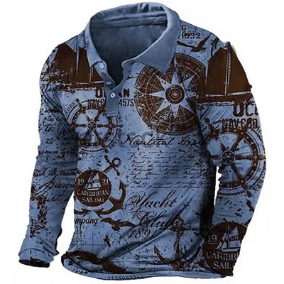 Vintažinis jūrinis inkaro kompasas su 3D spausdinimu ilgomis rankovėmis polo marškinėliai Vyriški drabužiai atvartas Laisvalaikio mados gatvės apranga Hombre Ropa viršutiniai drabužiai