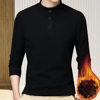 Мъжка тениска Едноцветна дълга яка с дълъг ръкав Основна горна част Есен Зима Свободна плюшена риза на средна възраст за ежедневно носене