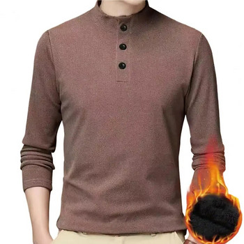 Мъжка тениска Едноцветна дълга яка с дълъг ръкав Основна горна част Есен Зима Свободна плюшена риза на средна възраст за ежедневно носене