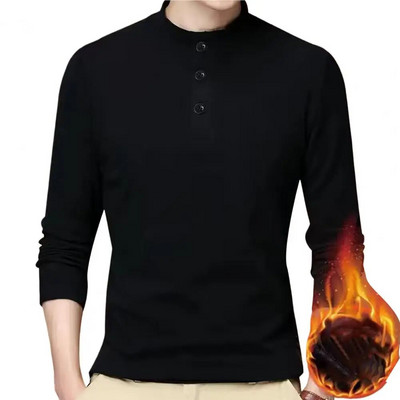 Vīriešu T-krekls vienkrāsains ar garām piedurknēm, stāva apkakle Basic top rudens ziemas brīvs plīša vidēja vecuma krekls ikdienas valkāšanai