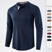 Meeste hall vahvel Meeste Henley särk vabaaja täishingav kvaliteetsed särgid Tavalised pikkade varrukatega topid Tees Homme