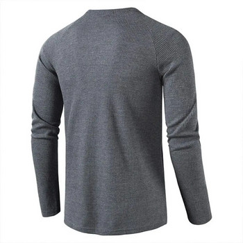 Ανδρικό γκρι βάφλα Ανδρικό πουκάμισο Henley Casual Solid αναπνεύσιμο πουκάμισο υψηλής ποιότητας με κανονική εφαρμογή Μακρυμάνικο Basic Tops Tees Homme
