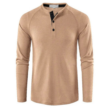 Мъжка сива вафлена мъжка риза Henley Ежедневни плътни дишащи висококачествени ризи Стандартна кройка с дълъг ръкав Основни тениски Homme