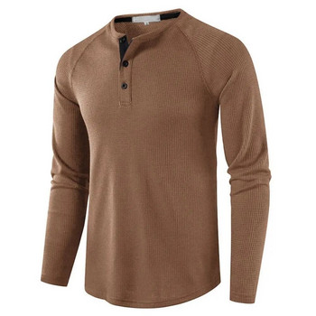 Мъжка сива вафлена мъжка риза Henley Ежедневни плътни дишащи висококачествени ризи Стандартна кройка с дълъг ръкав Основни тениски Homme