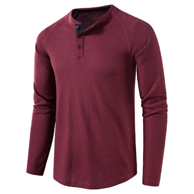 Meeste hall vahvel Meeste Henley särk vabaaja täishingav kvaliteetsed särgid Tavalised pikkade varrukatega topid Tees Homme