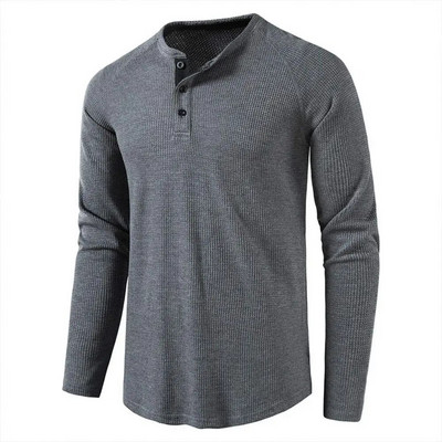 Meeste hall vahvel Meeste Henley särk vabaaja täishingav kvaliteetsed särgid Tavalised pikkade varrukatega topid Tees Homme