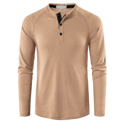 Meeste hall vahvel Meeste Henley särk vabaaja täishingav kvaliteetsed särgid Tavalised pikkade varrukatega topid Tees Homme