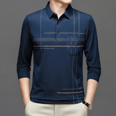 Kevad-sügis meeste triibuline äripolosärk Meeste allapoole suunatud kraega pikkade varrukatega pullover T-särgi topid