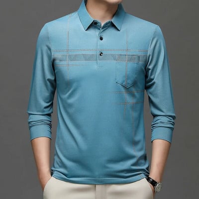 Kevad-sügis meeste triibuline äripolosärk Meeste allapoole suunatud kraega pikkade varrukatega pullover T-särgi topid