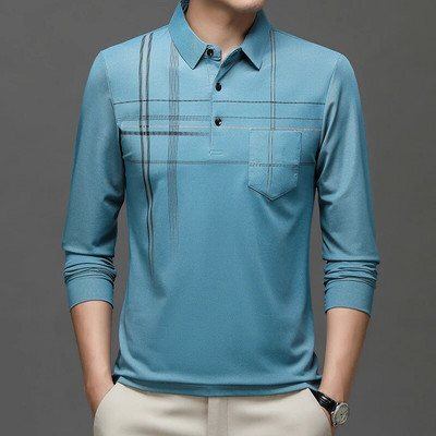 Kevad-sügis meeste triibuline äripolosärk Meeste allapoole suunatud kraega pikkade varrukatega pullover T-särgi topid