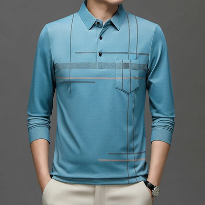 Kevad-sügis meeste triibuline äripolosärk Meeste allapoole suunatud kraega pikkade varrukatega pullover T-särgi topid