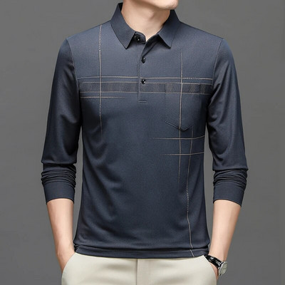 Kevad-sügis meeste triibuline äripolosärk Meeste allapoole suunatud kraega pikkade varrukatega pullover T-särgi topid