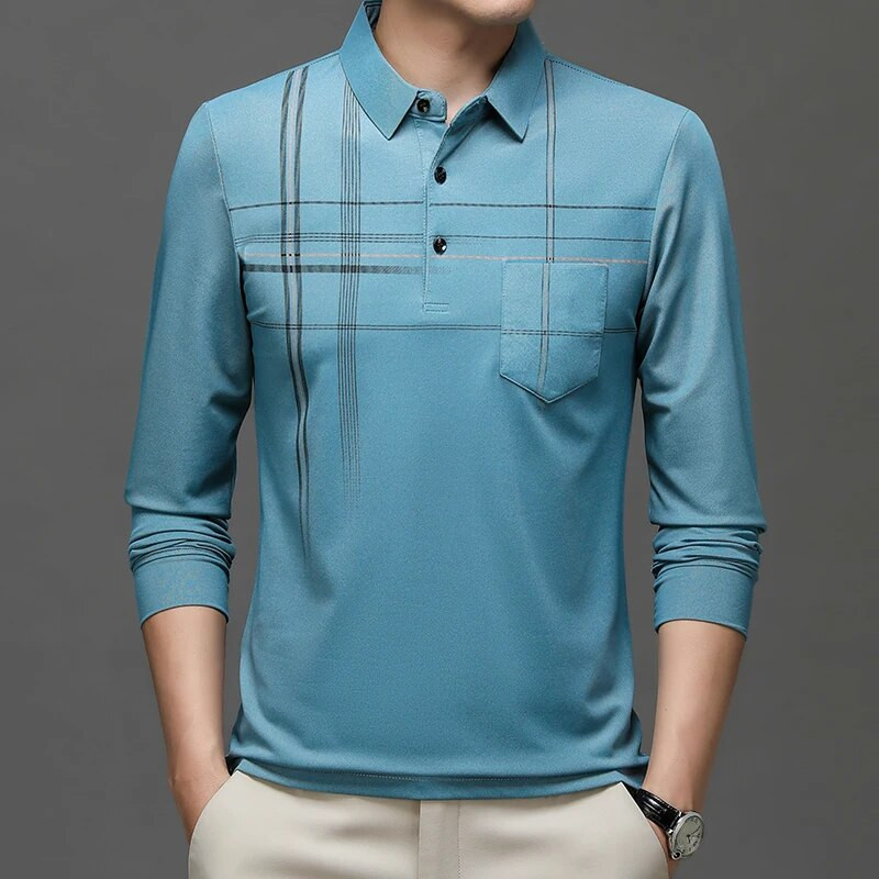 Kevad-sügis meeste triibuline äripolosärk Meeste allapoole suunatud kraega pikkade varrukatega pullover T-särgi topid