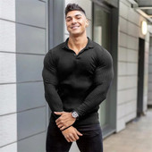 Kevad-sügismood Meeste pikkade varrukatega silmkoeline polosärk Fitness Riietus Slim Fit Strips Polo T-särk Meeste kaubamärgiga Jõusaali T-särgid Topid