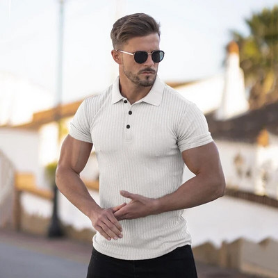 Kevad-sügismood Meeste pikkade varrukatega silmkoeline polosärk Fitness Riietus Slim Fit Strips Polo T-särk Meeste kaubamärgiga Jõusaali T-särgid Topid