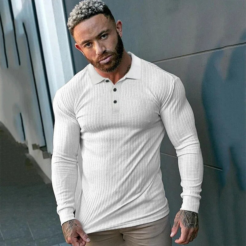 Kevad-sügismood Meeste pikkade varrukatega silmkoeline polosärk Fitness Riietus Slim Fit Strips Polo T-särk Meeste kaubamärgiga Jõusaali T-särgid Topid