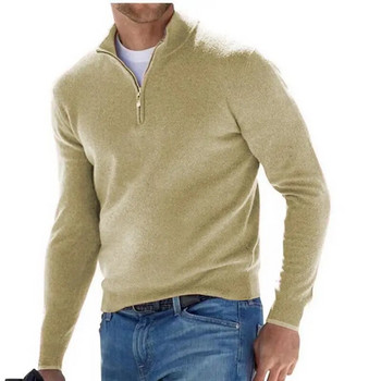 Ежедневна мъжка блуза с V-образно деколте Есен Зима Нова поло риза с дълъг ръкав Едноцветен тънък пуловер с половин цип за мъже Топли топове S-4Xl