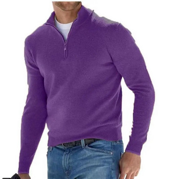 Ежедневна мъжка блуза с V-образно деколте Есен Зима Нова поло риза с дълъг ръкав Едноцветен тънък пуловер с половин цип за мъже Топли топове S-4Xl