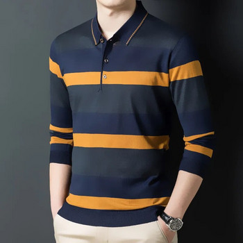Ymwmhu Нова модна мъжка поло тениска с дълъг ръкав, яка с копчета, есенна и зимна тениска, тениска на райета, тениска, корейска поло тениска