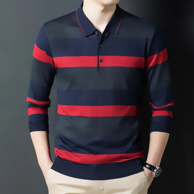 Ymwmhu New Fashion vīriešu polo krekls ar garām piedurknēm pogas apkakle Rudens un ziemas Tkrekls Svītrains Slim Fit Apģērbs Korejas polo krekls