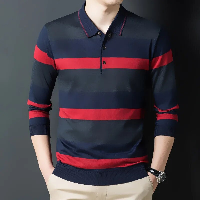 Ymwmhu New Fashion vīriešu polo krekls ar garām piedurknēm pogas apkakle Rudens un ziemas Tkrekls Svītrains Slim Fit Apģērbs Korejas polo krekls