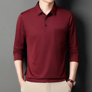 Пролетен и есенен мъжки пуловер Поло копче Едноцветна риза с долна част ПОЛО Тениска с дълъг ръкав Модни ежедневни официални горнища