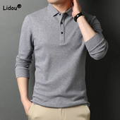 Trendikas, pikkade varrukatega polo-kaelusega polosärk Meeste riided Kevad-sügis vabaaja moodsad ühevärvilised pulloverid meeste topid